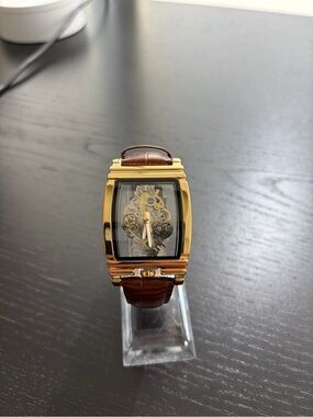 Gold-Tone Skeleton Men's Watch with Brown Leather Strap